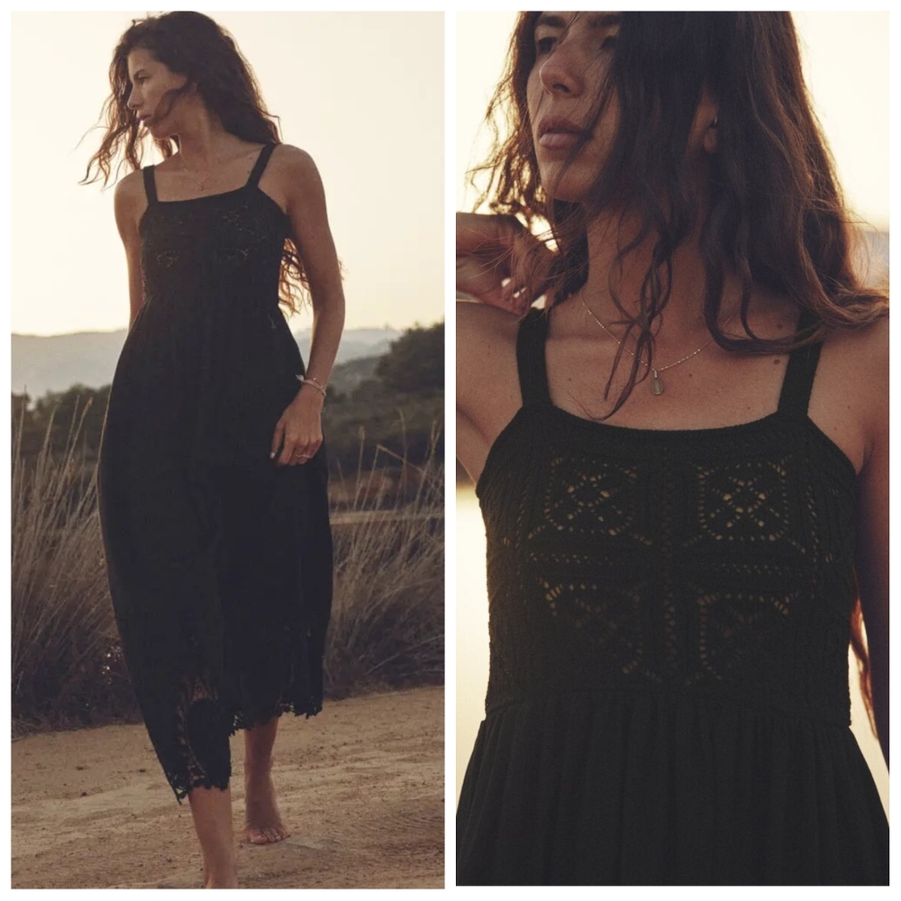 Zara Black Crochet Combo Midi Dress Small NWT